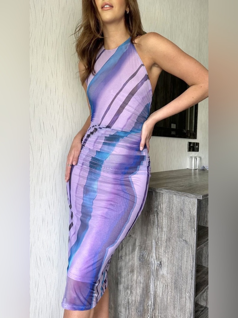 Zara Bloggers Favorite Printed Tulle Halter Sleeveless Lavender Dress Sz Small. - Picture 5 of 14